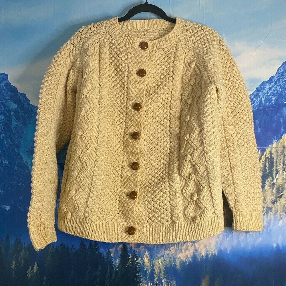 Vtg Wool Handmade Fisherman's Cable Knit Cardigan Wooden Buttons Sz SM-M
